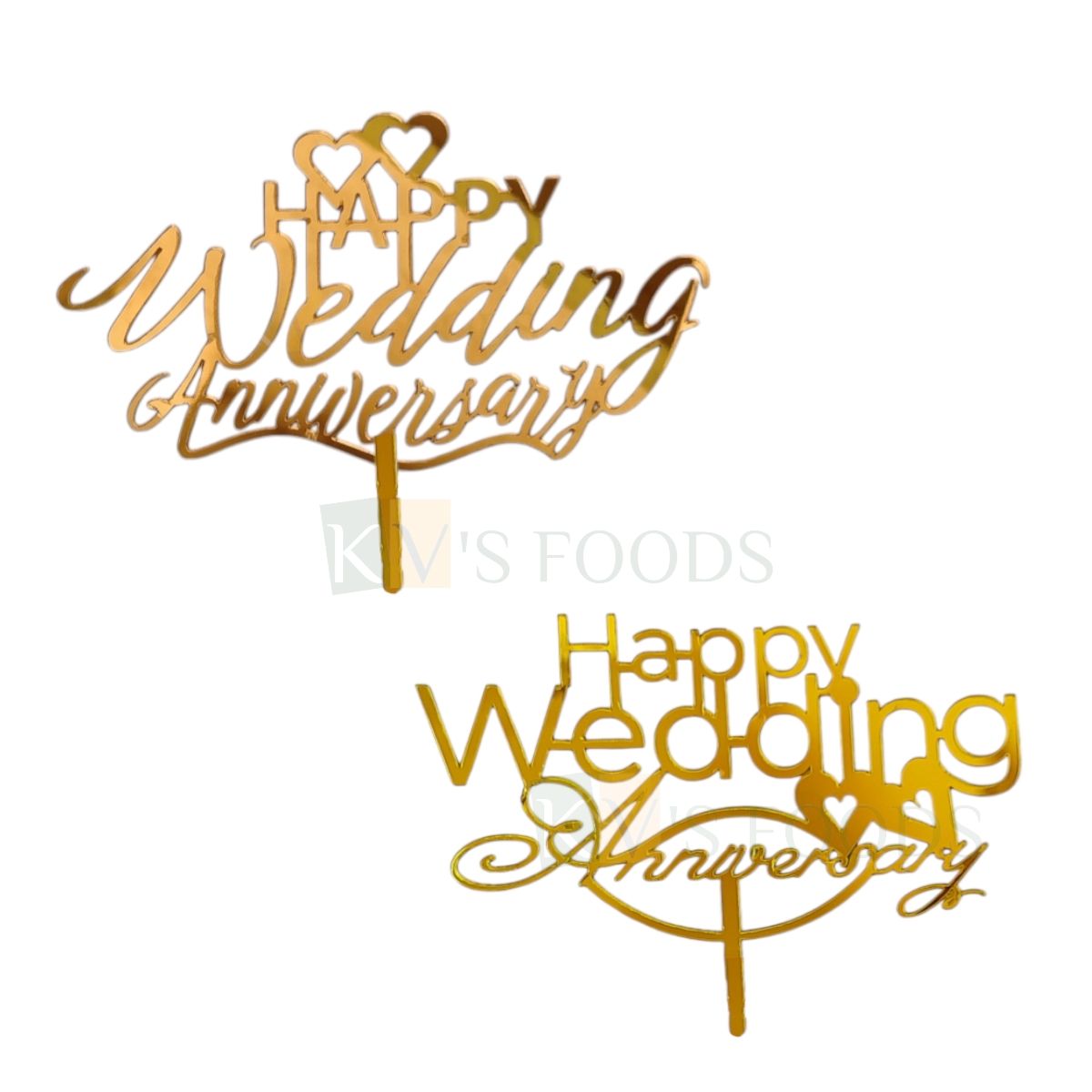 1PC Golden Acrylic Shiny Glass Finish Happy Wedding Anniversary Letters With Hearts Cake Topper, Anniversary  Celebrations Theme Cake Insert, Unique Elegant Font Design DIY Wedding Cake Decorations