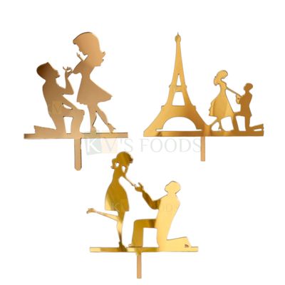 1PC Golden Acrylic Shiny Glass Finish Eiffel Tower Groom on Knee Proposing Bride Cake Topper, Marriage Anniversary Cake Topper Wedding Engagement Theme Cake Insert Home Celebration DIY Cake Decoration