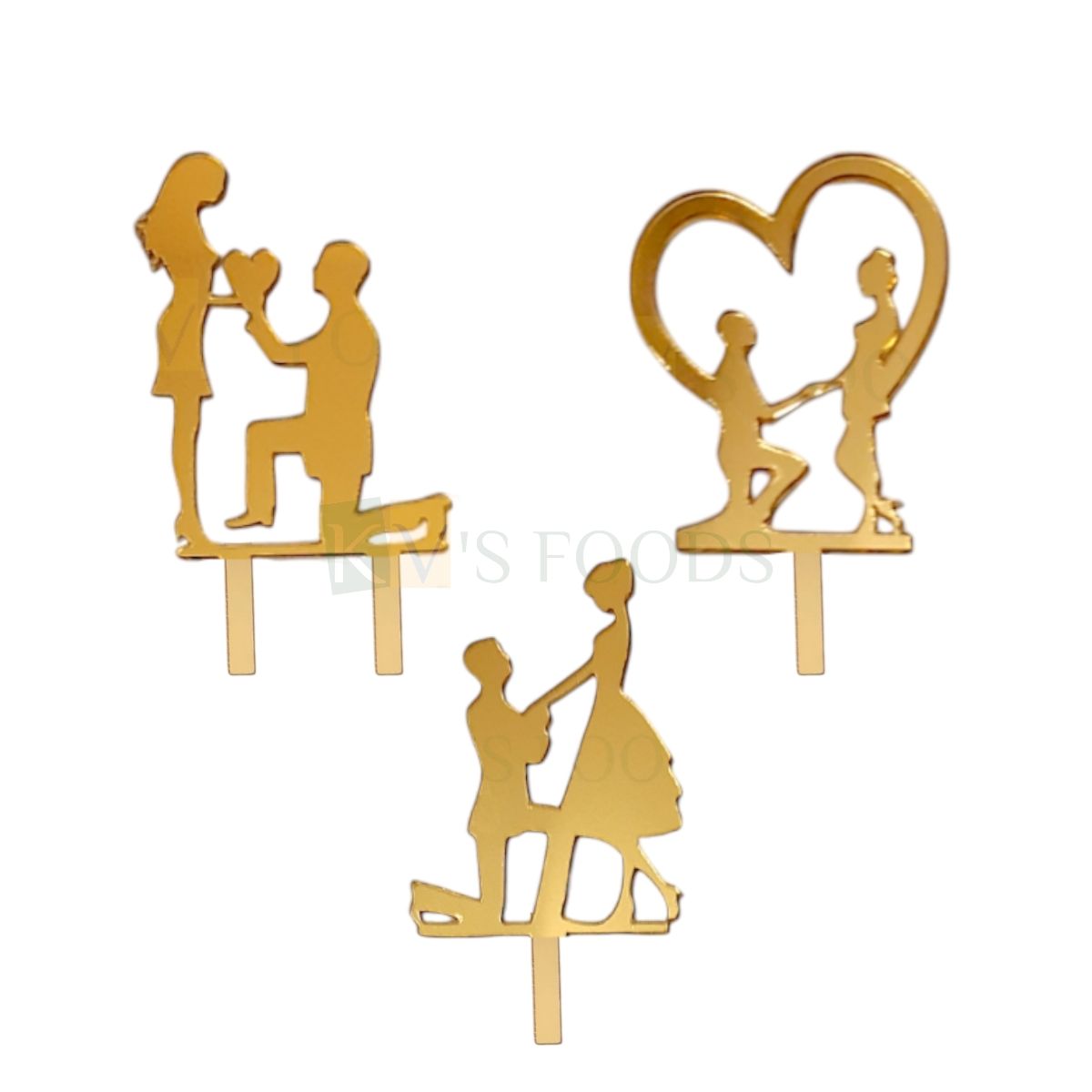 10PC Small 3&#39;&#39; Golden Acrylic Groom on Knee Proposing The Bride In Front Of Heart Shape Half Kg Cake Topper, Couples, Engagement Silhouette Cupcake Topper, Happy Anniversary Theme DIY Cake Decoration