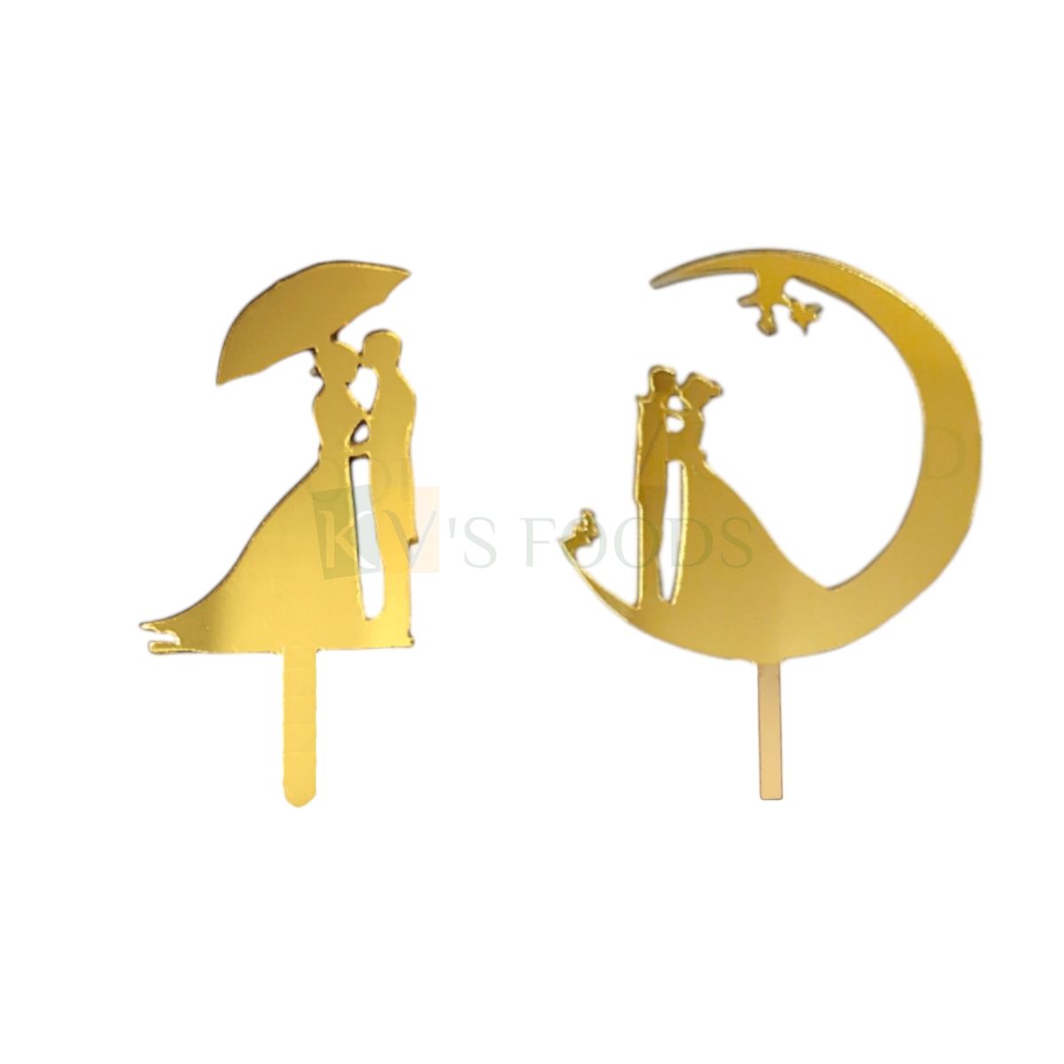 10PC Small 3&#39;&#39; Golden Acrylic Shiny Glass Finish Dressed Up Bride and Groom Kissing Under The Umbrella or On Moon Half Kg Cake Topper, Romantic Couples Engagement Wedding Anniversary Cupcake Inserts