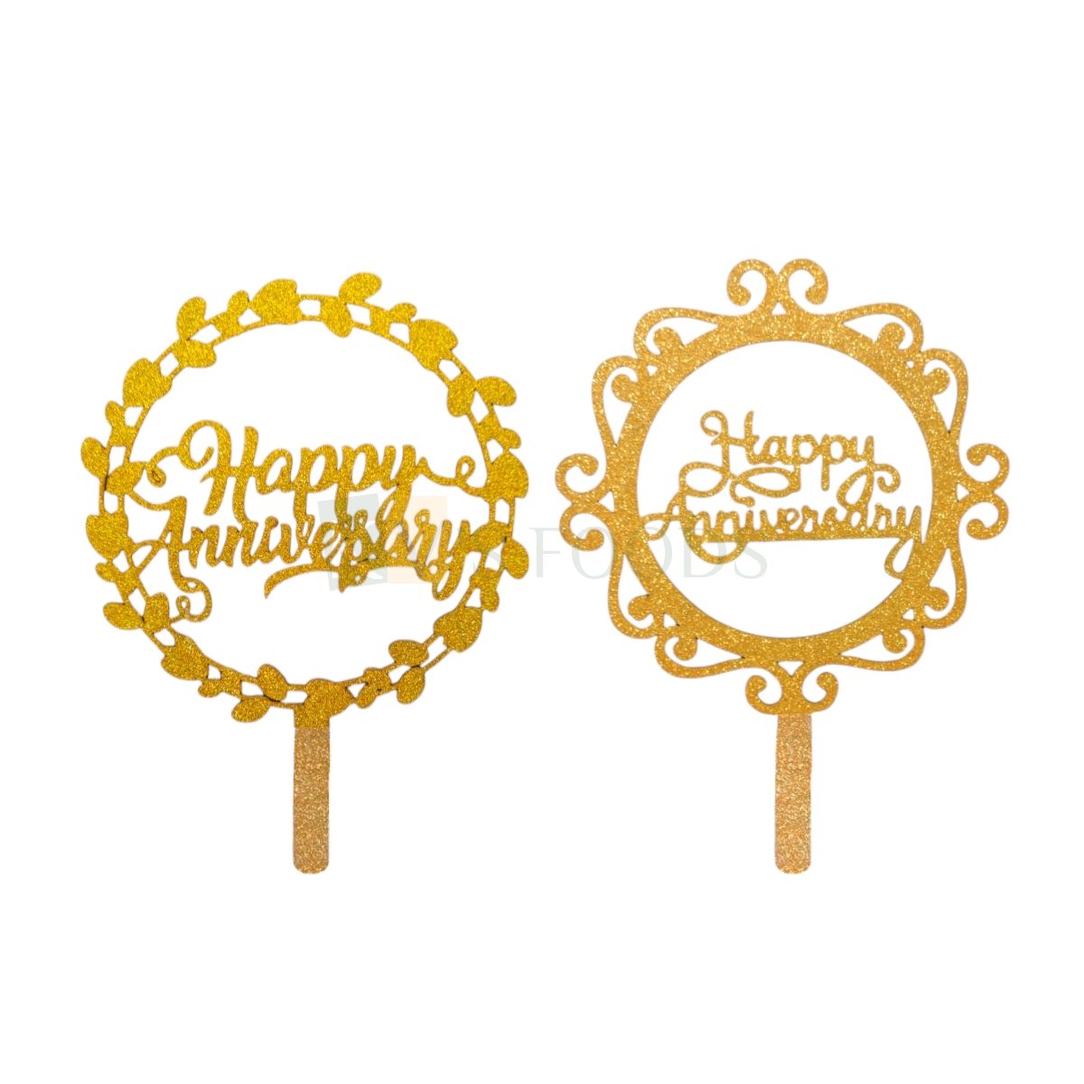 1PC Golden Shiny Glitter MDF Happy Anniversary Letters in Circle Flowers Leaves Design Cake Topper, Wedding Anniversary Theme Cake Cupcake Glitter Insert Unique Elegant Font Design DIY Cake Decoration