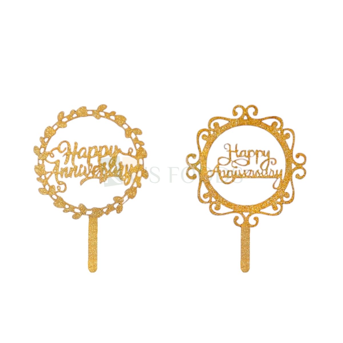 10PC 3&#39;&#39; Golden Shiny Glitter MDF Small Happy Anniversary Letters In Circle Leaf Design Half Kg Cake Topper, Wedding Anniversary Theme Cupcake Insert Unique Elegant Font Design DIY Cake Decoration