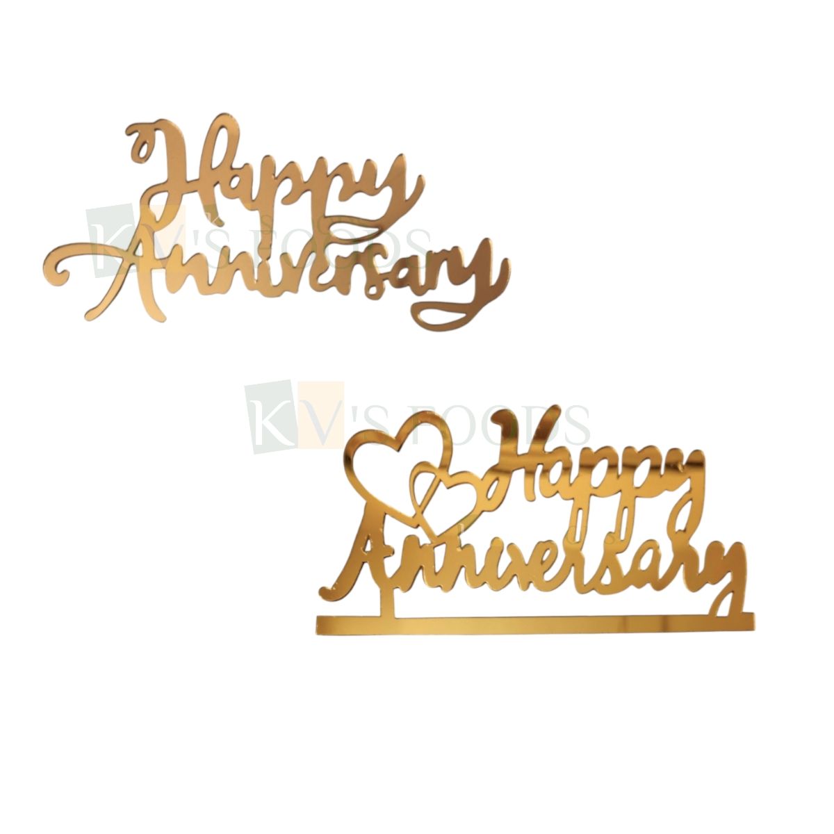 1PC Golden Acrylic Shiny Glass Finish Happy Anniversary Letters with OutLine Hearts Cake Topper, Marriage Anniversary Side Cake Topper Unique Elegant Font Design Small Home Celebrations Cake Toppers