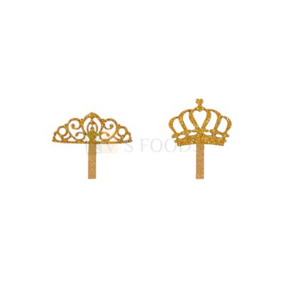 10PC Small 3&#39;&#39; Golden Shiny Glitter MDF Mini Crown Half Kg Cake Topper, Tiara Theme Kids Girls Happy Birthday Celebration Theme Cake Insert, Small Home Celebrations DIY Cake Decorations