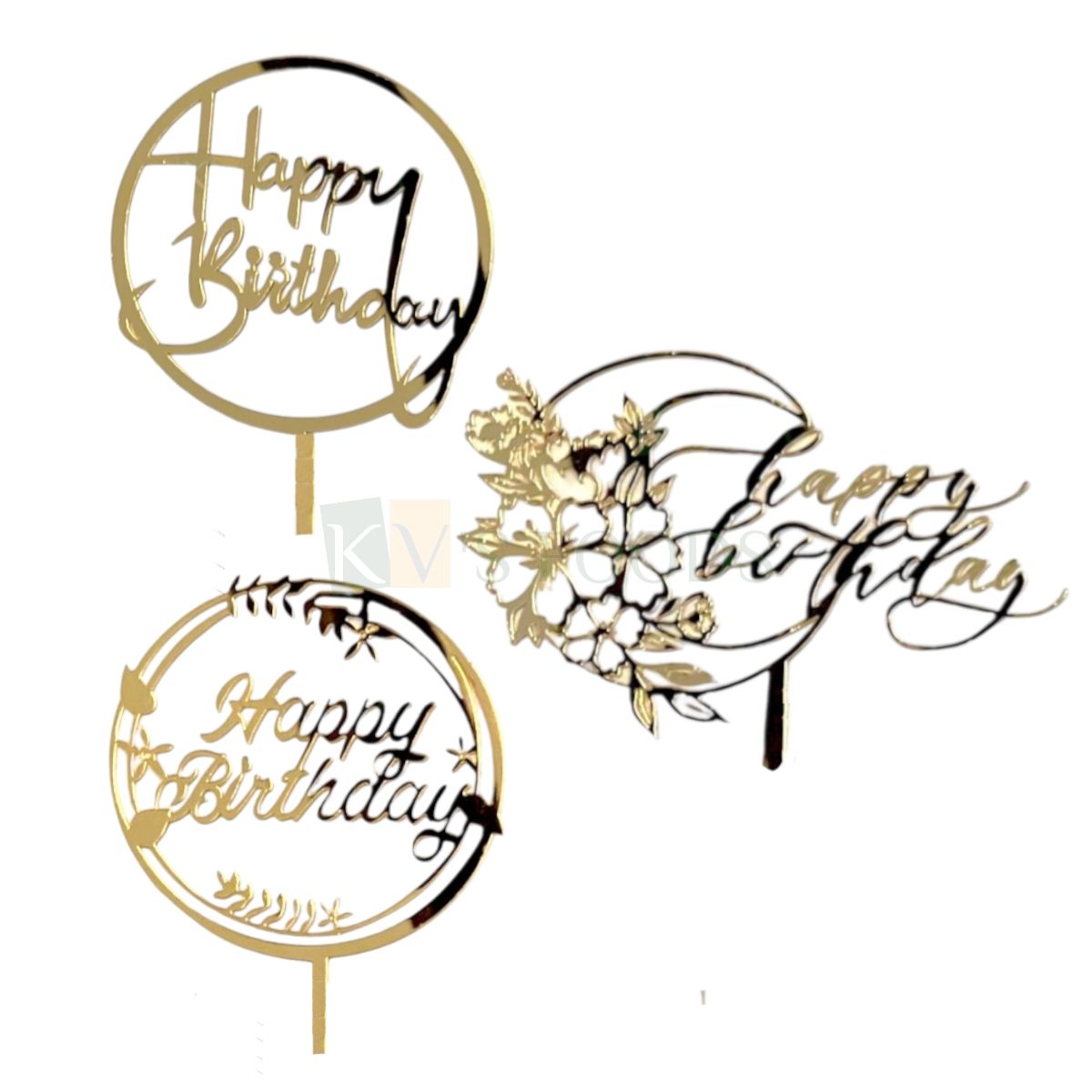 1PC Golden Acrylic Shiny Glass Finish Round with Flowers Happy Birthday Letters with Elegant Unique Font Design Cake Topper Circle Happy Birthday Cake Insert Small Home Celebration DIY Cake Decoration