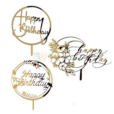 1PC Golden Acrylic Shiny Glass Finish Round with Flowers Happy Birthday Letters with Elegant Unique Font Design Cake Topper Circle Happy Birthday Cake Insert Small Home Celebration DIY Cake Decoration