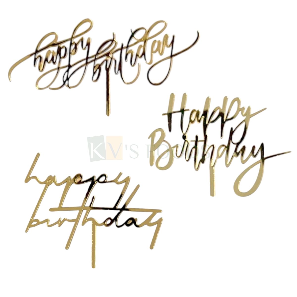 1PC Golden Acrylic Shiny Glass Finish Happy Birthday Letters with Unique Elegant Font Design Cake Topper, Birthday Cake Insert, Small Home Celebrations DIY Cake Decoration