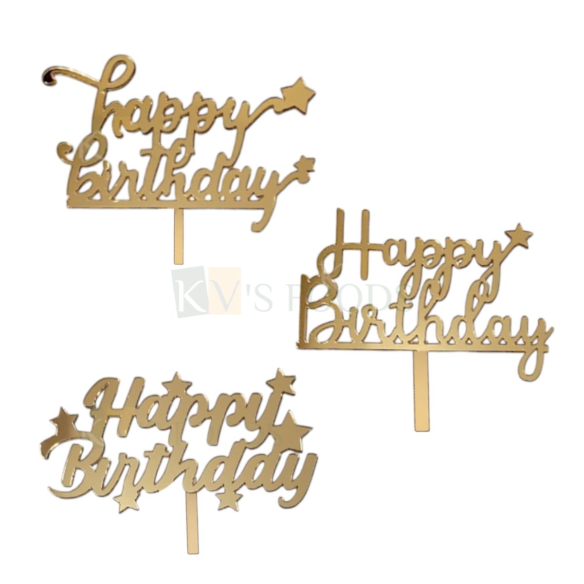10PCS Small 3&#39;&#39; Golden Acrylic Shiny Glass Finish Happy Birthday Letters With Stars Half Kg Cake Topper, Kids Girls Boys Birthday Party Cupcake Inserts Unique Elegant Font Designs DIY Cake Decoration