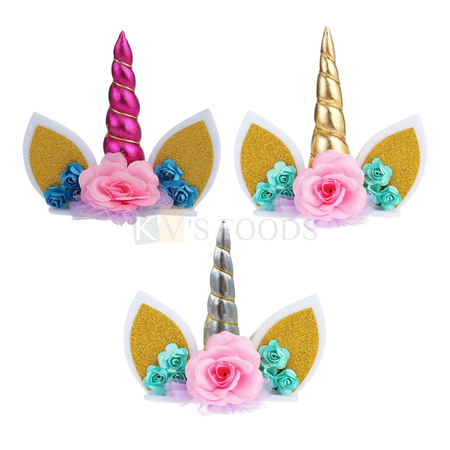 1PC Pink/Golden/Silver Unicorn Theme Horn Ears and Flowers Set Cake Topper Insert, Reusable Cake Topper For Birthday, Girls, Princess Friend Bday Baby Shower Decorations Items, Cake Accessories, Tags