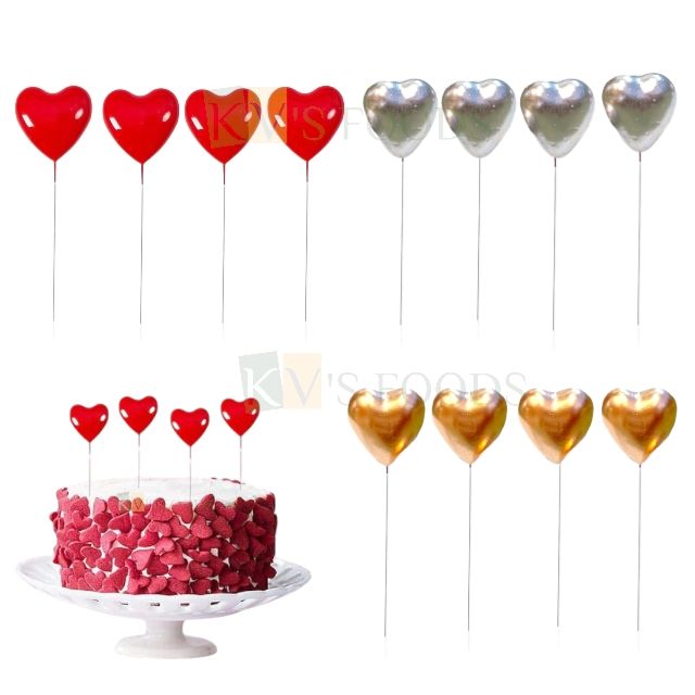 4 PCS 3D Faux Heart Topper Red/Silver/Golden Cake Topper Insert, Cupcake Toppers Bday, Girls, Boys, Friends, Wedding Love Valentine Theme, Anniversary Decorations Items, Cake Accessories, Tags Decor