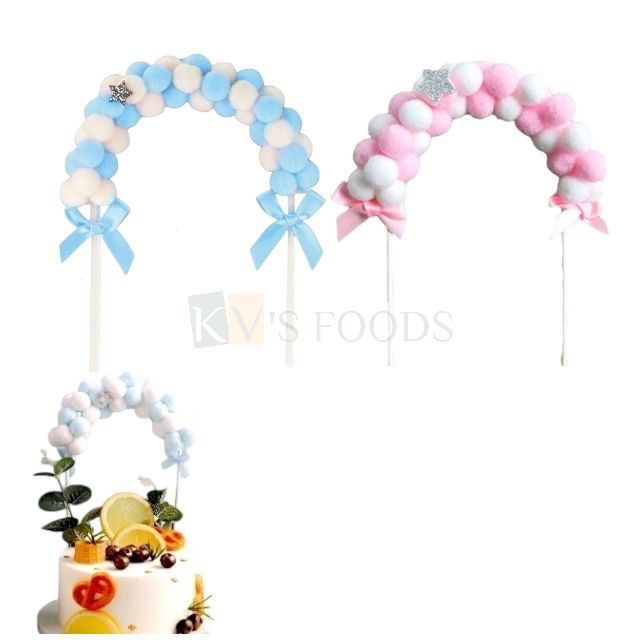 1PC Pink/Blue Plush Ball Star Arch Cloud POM POM Soft Pompom Cotton Cloud Cake Topper, Insert for Wedding, Baby Shower, Bachelorette Party, Birthday DIY Top Flags Decoration Festival Party Supplies