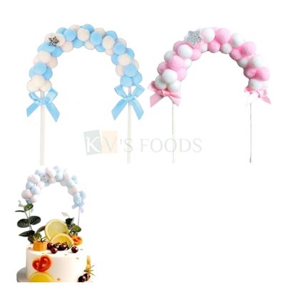 1PC Pink/Blue Plush Ball Star Arch Cloud POM POM Soft Pompom Cotton Cloud Cake Topper, Insert for Wedding, Baby Shower, Bachelorette Party, Birthday DIY Top Flags Decoration Festival Party Supplies