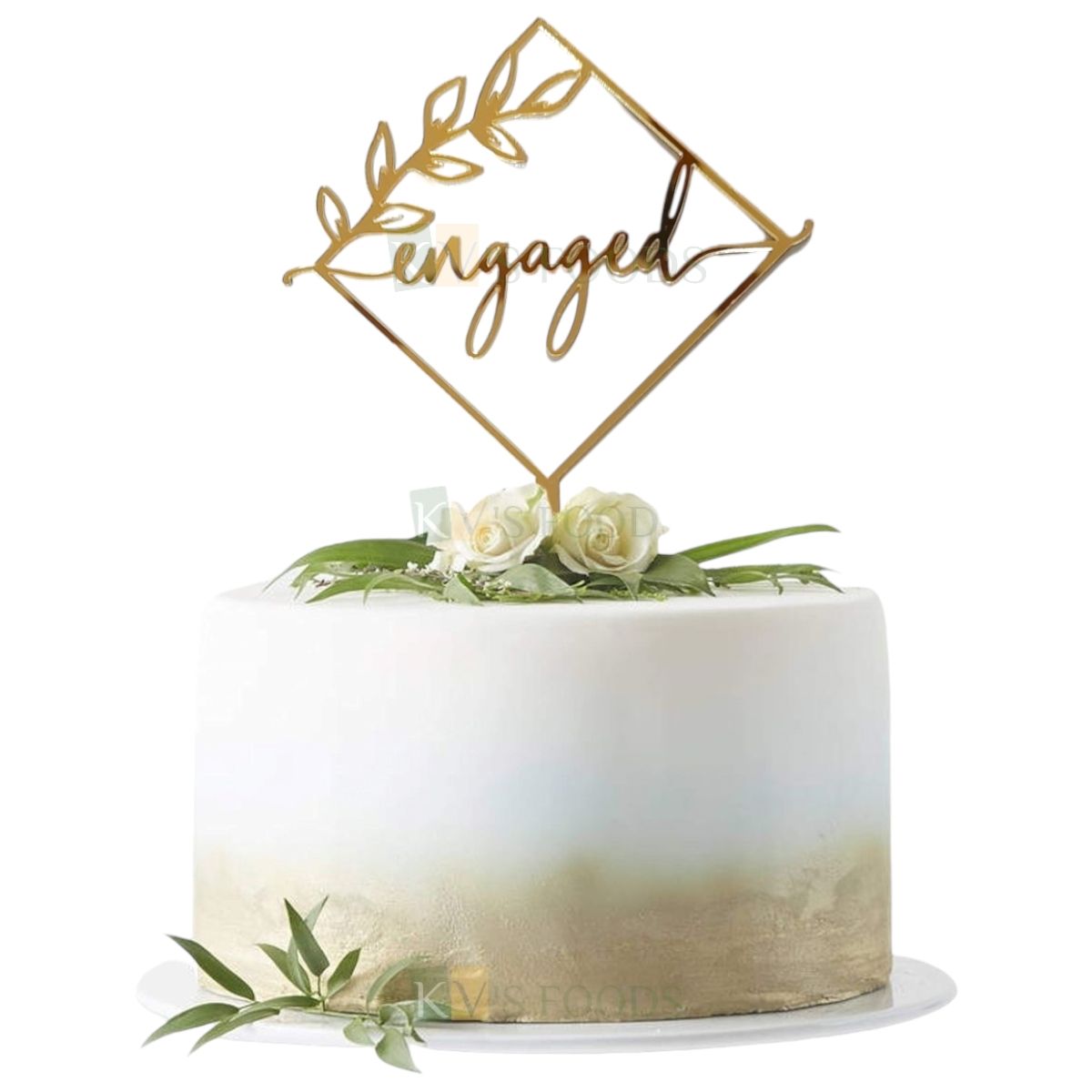 1PC Golden Acrylic Shiny Glass Finish Engaged in Square Frame Leaves Design Cake Topper, Wedding Celebration, Engagement Party, Unique Elegant Font Design Cake Insert DIY Cake Decorations