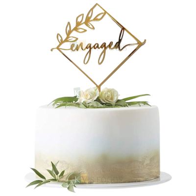 1PC Golden Acrylic Shiny Glass Finish Engaged in Square Frame Leaves Design Cake Topper, Wedding Celebration, Engagement Party, Unique Elegant Font Design Cake Insert DIY Cake Decorations
