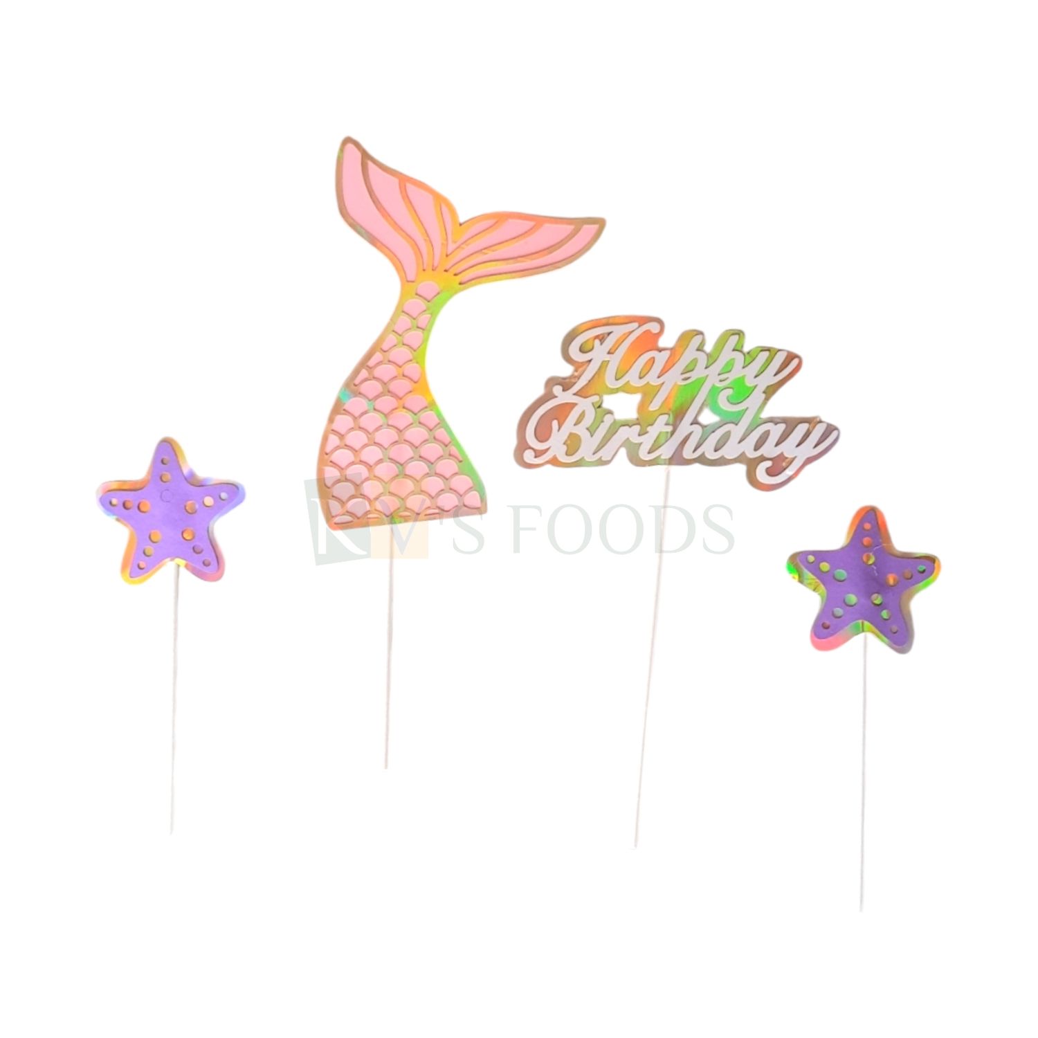 4 PCS Pink Theme Mermaid Tail, Star Fish, Happy Birthday Paper Cake Topper, Sea Ocean Underwater Life Bday Theme, Cake Insert, Reusable, Girls, Friends Princess Decorations Items, Cake Accessories