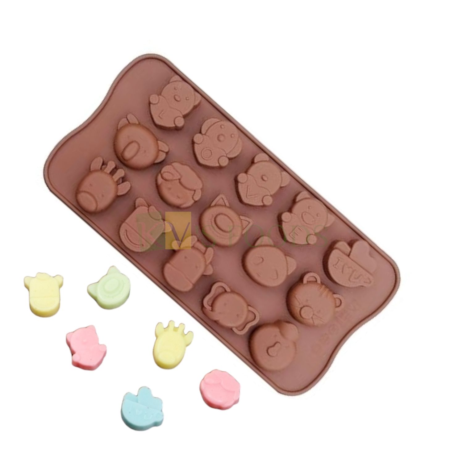 15 Cavity/Slots Love Cute Teddy, Cow, Cat, Chicken, Elephant Faces Animals Cartoon Chocolate Silicon Mould, Kids Birthday Cakes, Homemade Candy Gummy Jelly Dessert, Soap Candle DIY Cake Decorations