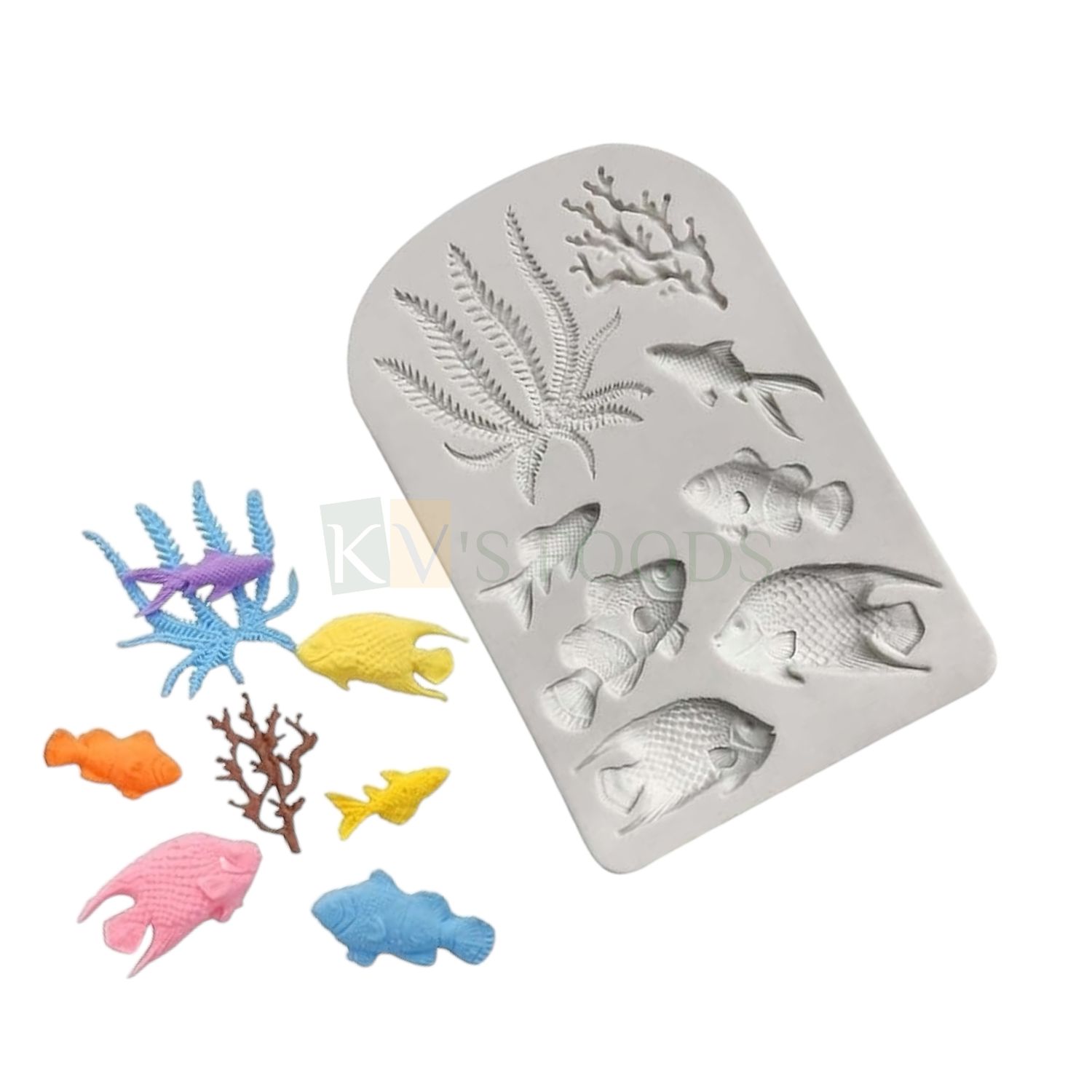 1 PC White 8 Cavity Marine Theme Goldfish Fish Shape, Seaweed, Coral Underwater Sealife Fondant Silicon Mould, Kids Birthday Baby Shower Theme Handmade Chocolate Side Cake Flexible Molds