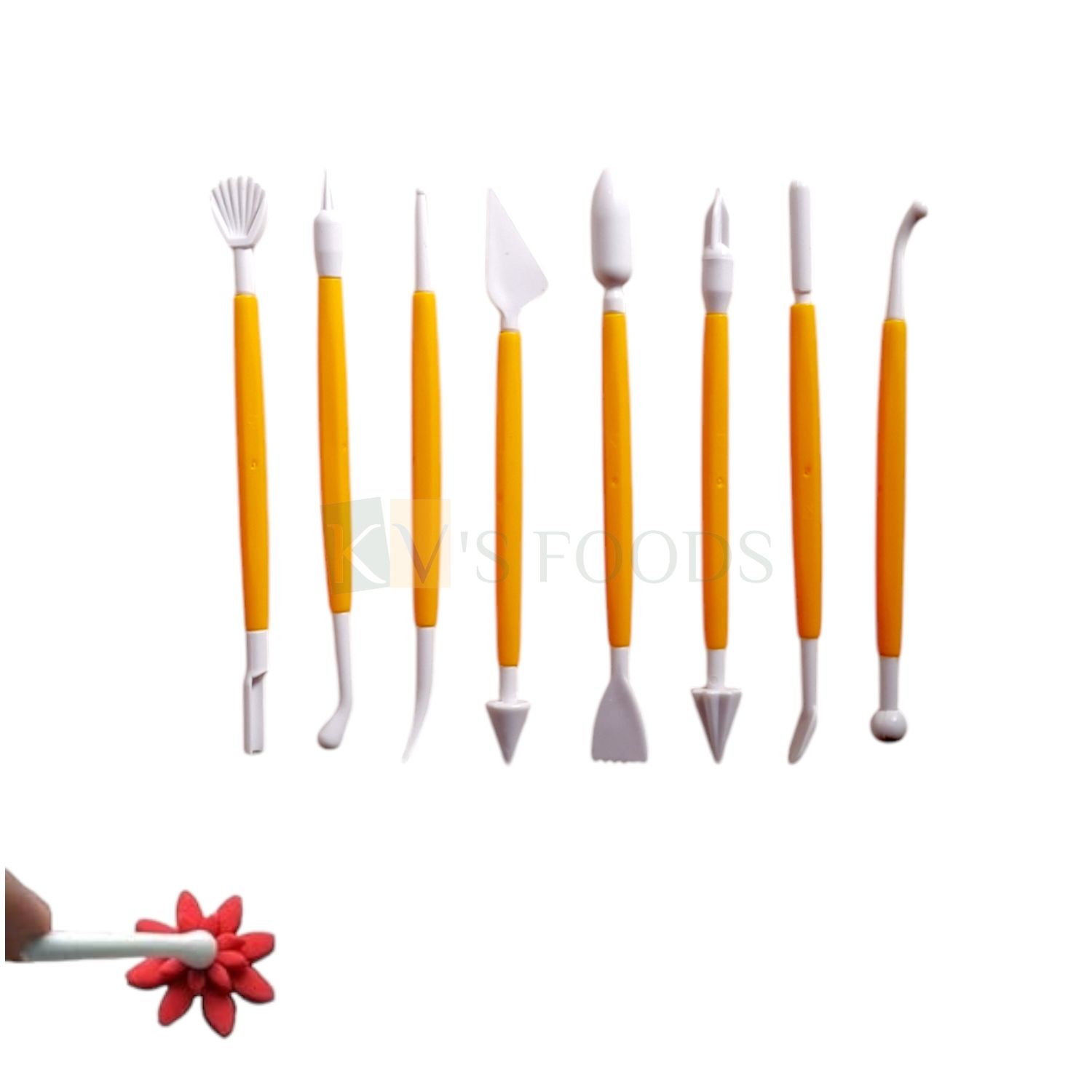 8 PCS Yellow Colour Fondant Cake Modeling Tools Set Carving Flower Crafts Accessories Set, Cake Decorating Tools, Double-Ended Knife Pen, Chocolate Brush for Shaping Cookies, Making Flowers Designs