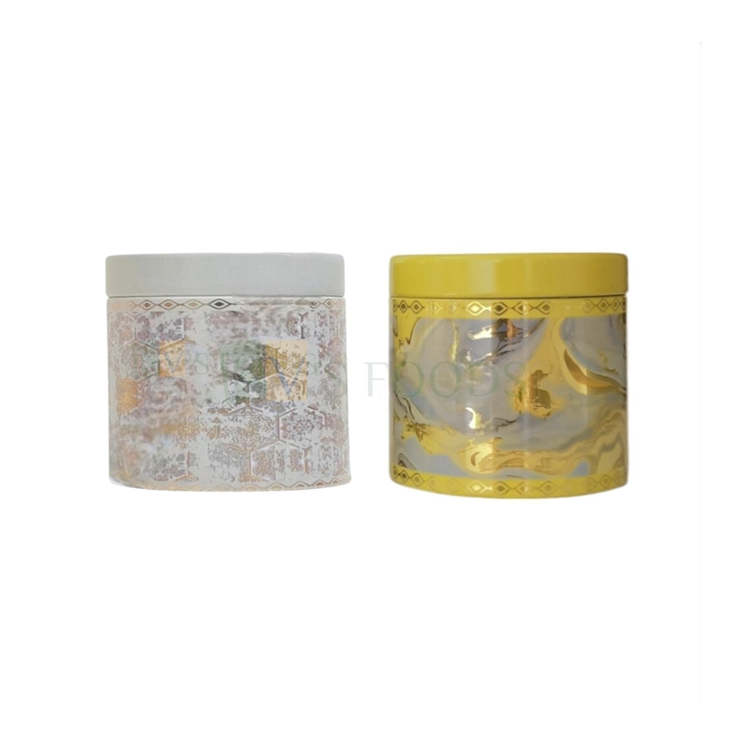 1PC Size Diameter 3.3 Inches Height 3.1 Inches, Grey/Yellow, Golden Digital Print Metal Tin Jar, Small Size, For storing Dryfruits, Festive Christmas Gifting, Packing Cookies Muffins, Bakery Container