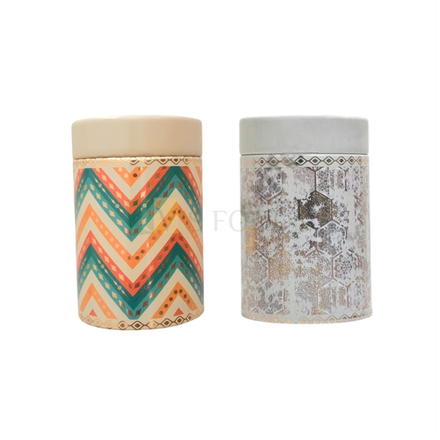 1PC Size Diameter 2.9 Inch Height 4.3 Inch, Grey/Multicolour, Golden Digital Print Metal Tin Jar Medium Size, For Multi-Purpose storing Dryfruits, Festive Christmas Gifting, Packing Cookies Muffins