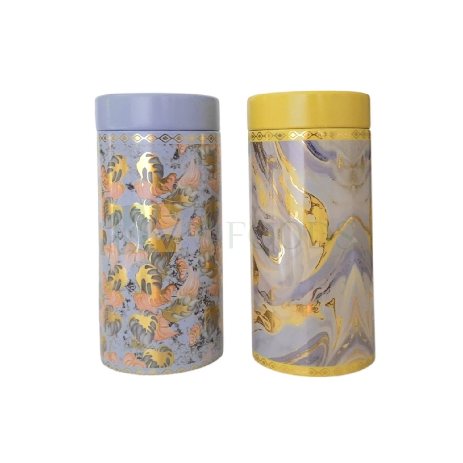1PC Size Diameter 2.9 Inch Height 6.1 Inch, Light Blue/Yellow, Golden Digital Print Leaf Design Metal Tin Jar Big Size, For Multi-Purpose storing Dryfruits, Festive Christmas Gifting, Packing Cookies