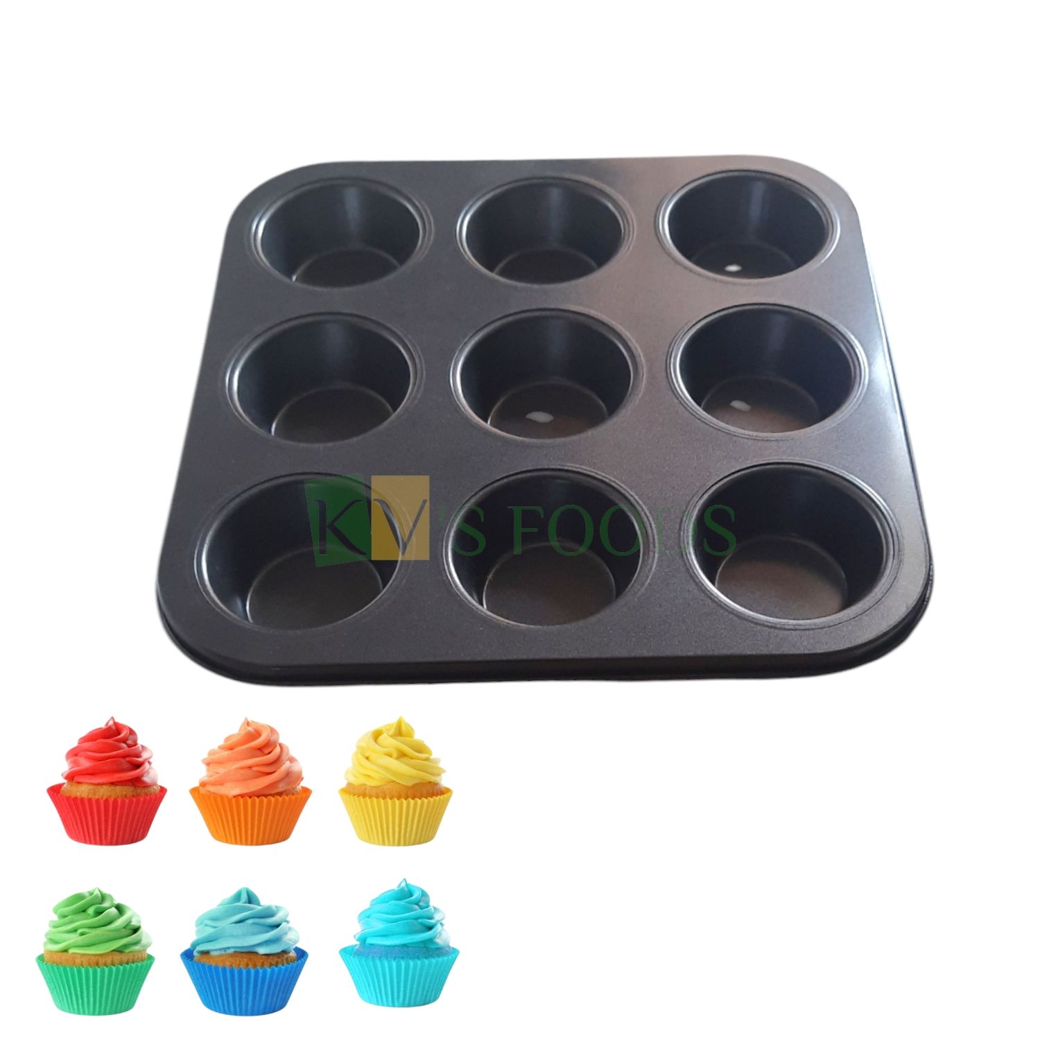 9 Cavity Square Size 10.4 x 10.4 x 1.1 Inch, Non-Stick Big Cupcake Tray Pan, Cake Tool, Metallic Baking Mould for Cookies Round Size 1.85 Inch, Brownies, Biscuit Bakeware Oven Kitchen Accessories