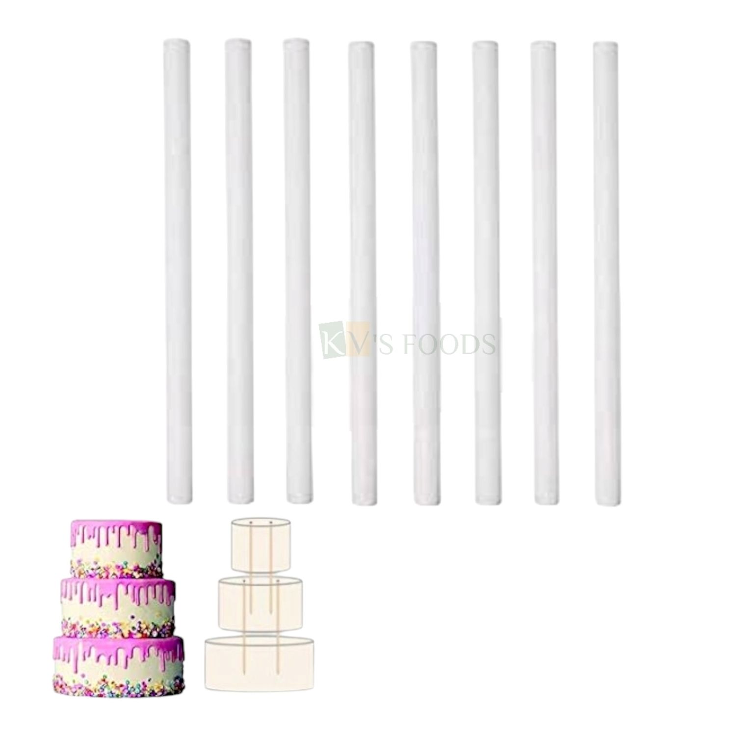 8 PCS Set White 0.4 Inch Wide Hollow Pillars Dowels Rods for Cake Construction 2-Tier, 3-Tier Cakes, Supporter for Multi Tiered Cakes Plastic rods, Cake Stands Wedding Anniversary Birthday Cakes Decor