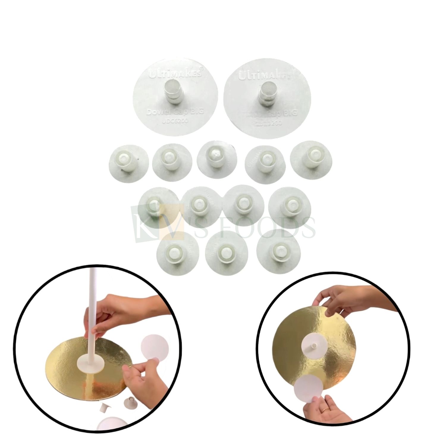 Ultimakes White Colour Dowel CAP Mix (12 Pcs Dowel cap Small + 2pcs Dowel Cap Big with Self-adhesive) for Cake Construction 2-Tier, 3-Tier Cakes, Supporter for Multi Tiered Birthday Cakes Plastic Caps