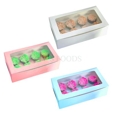 5PCS Set of Peach/Sky Blue/White Pastel Colour 8 Pieces Cupcake Box With Transparent Window and 8 Cavity, Box Size 13.6x7.9x4 Inch for Chocolates, Cookies, Biscuits, Macaroon Festival Folding Box