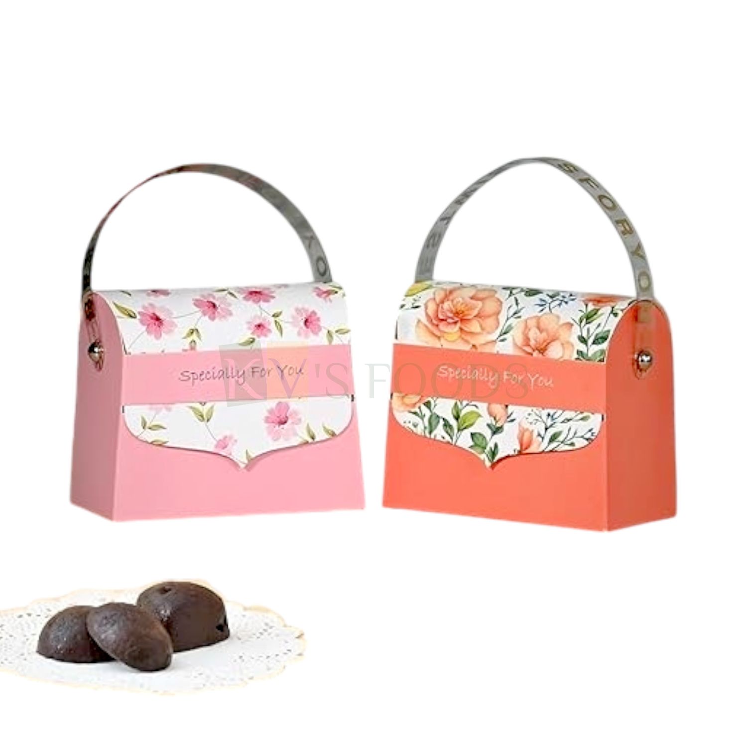 10PCS Set of Pastel Pink/Orange Colour Multipurpose Floral Design Chocolate Hamper Box with Handle, Size 4.5x2.3x3.7 Inch for Dry Fruits, Muffins, Cookie Hand Bag, Purse Specially for you Gift Packing