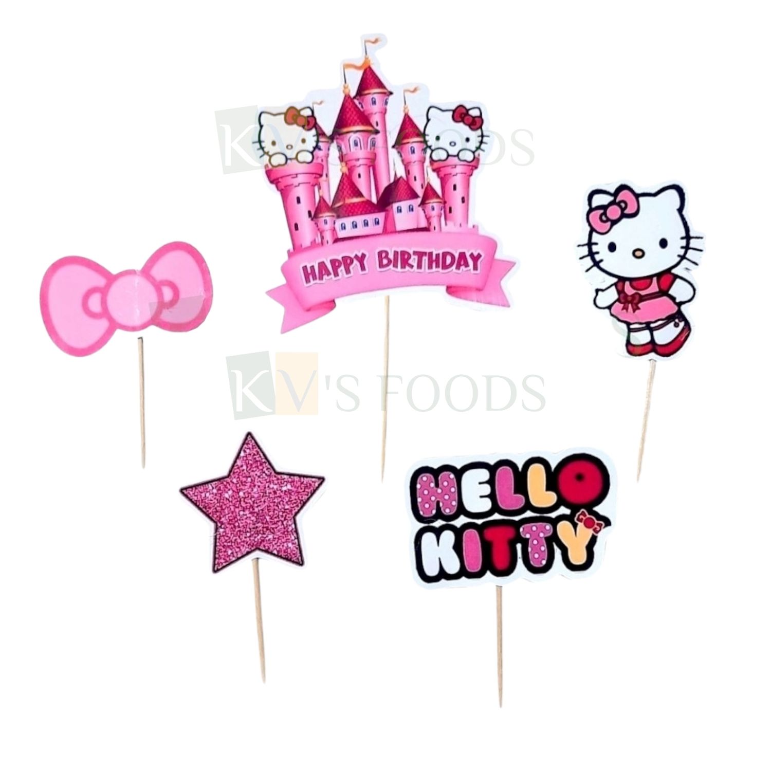 5 PCS Pink Hello Kitty Theme Cartoon Cake Paper Topper Set Star, Castle Insert Cupcake Toppers for Kids Girls, Friends Birthday Decorations, Cake Accessories, Tags, Banners, Cards, Toothpicks Toppers