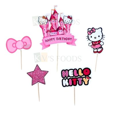 5 PCS Pink Hello Kitty Theme Cartoon Cake Paper Topper Set Star, Castle Insert Cupcake Toppers for Kids Girls, Friends Birthday Decorations, Cake Accessories, Tags, Banners, Cards, Toothpicks Toppers