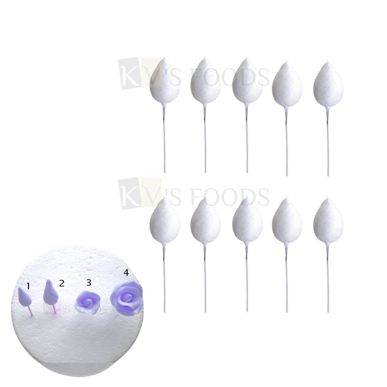 10 PCS Set White Cotton Leaf/Drop Shape Pointed Styrofoam Rose Flower Buds with Wire, 0.8 Inch Wide, Cone For Flower Making, Fondant Flowers, Gum Paste Flowers, Birthday Cake Decorations, Baking Tools
