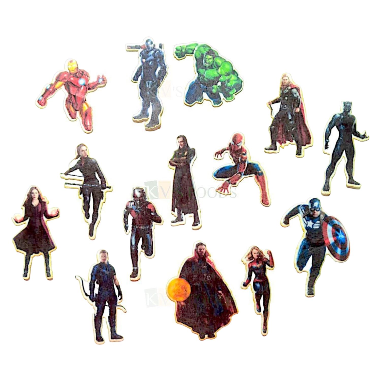 14 PCs Colourful Mix Design Hulk Avengers Super Heroes Spiderman Cartoon Theme Pre-Cut Pre-Printed Edible Wafer Paper Cutouts Cake Decorations Kids Boys Happy Birthday Cake Topper Stick-on Cake Decor