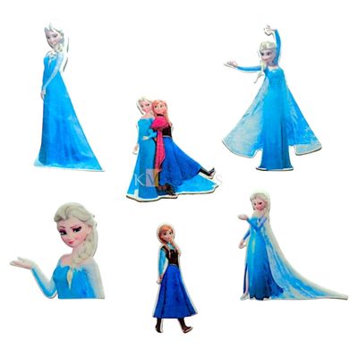 6 PCs Colourful Mix Design Frozen Sisters Elsa Anna Princess Disney Cartoon Theme Pre-Cut Pre-Printed Edible Wafer Paper Cutout Kids Girl Blue Theme Happy Birthday Cake Topper Stick-on Cake Decoration