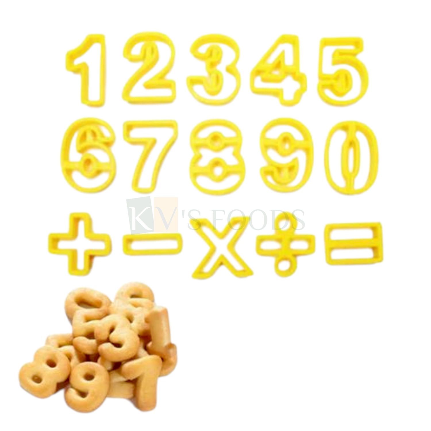 15 PCS Yellow Jumbo 0 to 9 Numbers, Addition, Division, Equal To, Multiplication, Subtraction, Symbols, Cookies Cutter Set Fondant Cakes Moulds, Embossing Presses Impression Chocolates Pancake Biscuit