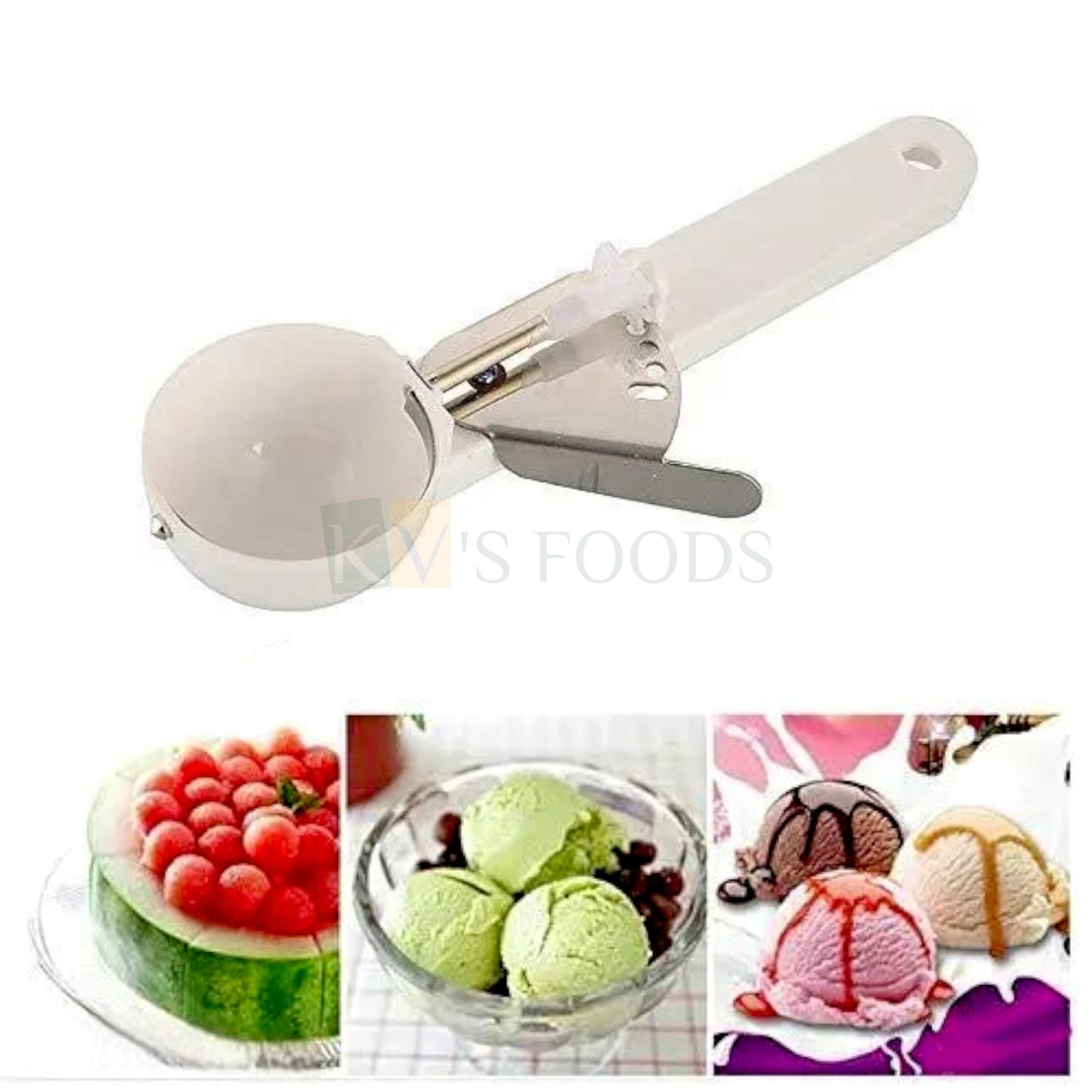 1PC White Stainless Steel Big Size 21 Cm Spring Ice Cream Scooper with Trigger Release Scoop, Nonstick Anti-Freeze Digger Spoon Fruit Melon, Multifunctional Serving Spoon, Kitchen Supplies Tools