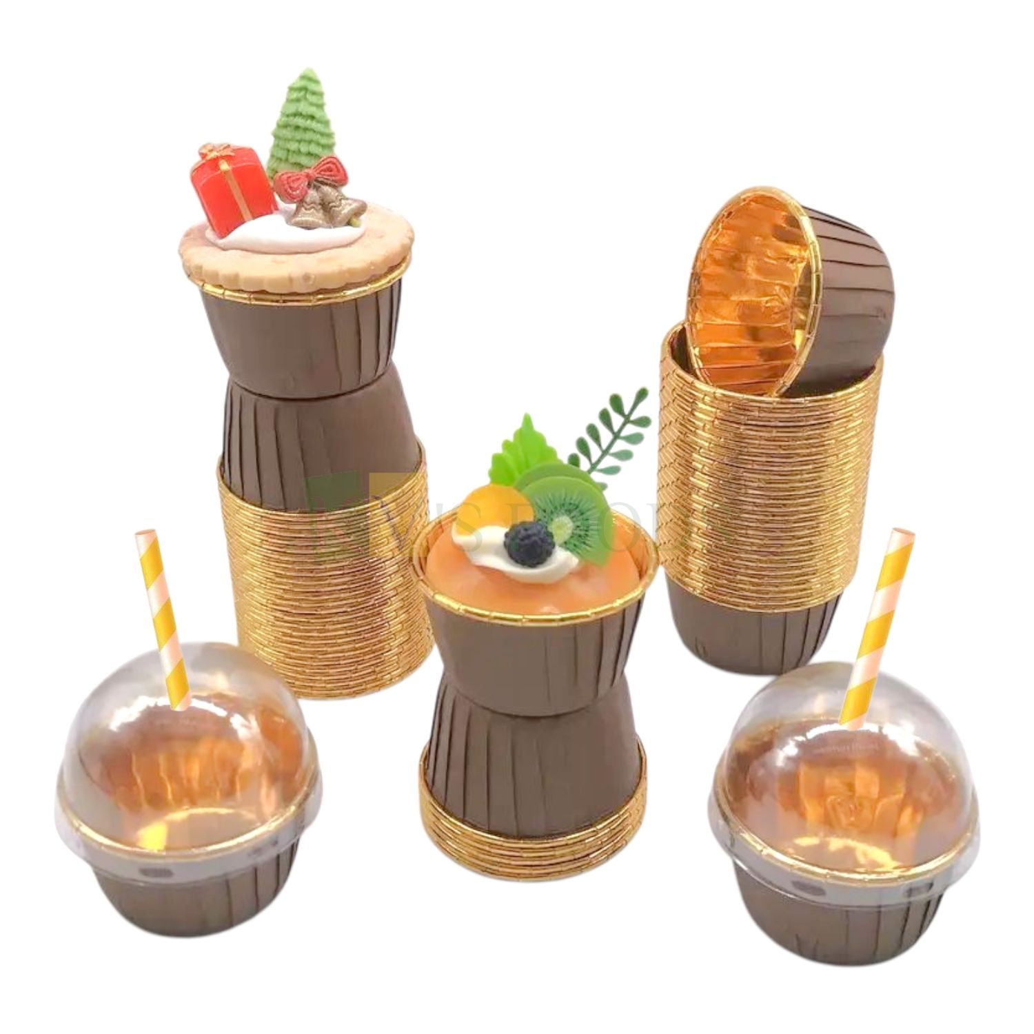 50 PCS Set, 100ML/3.5 OZ Big Colorful, Golden Foil Disposable Cupcake Liner With Dome Lids, Bake &amp; Serve Pan, Aluminium Foil Baking Cups for Cupcakes, Mousses, Pudding Containers, Curled Edges, Holder
