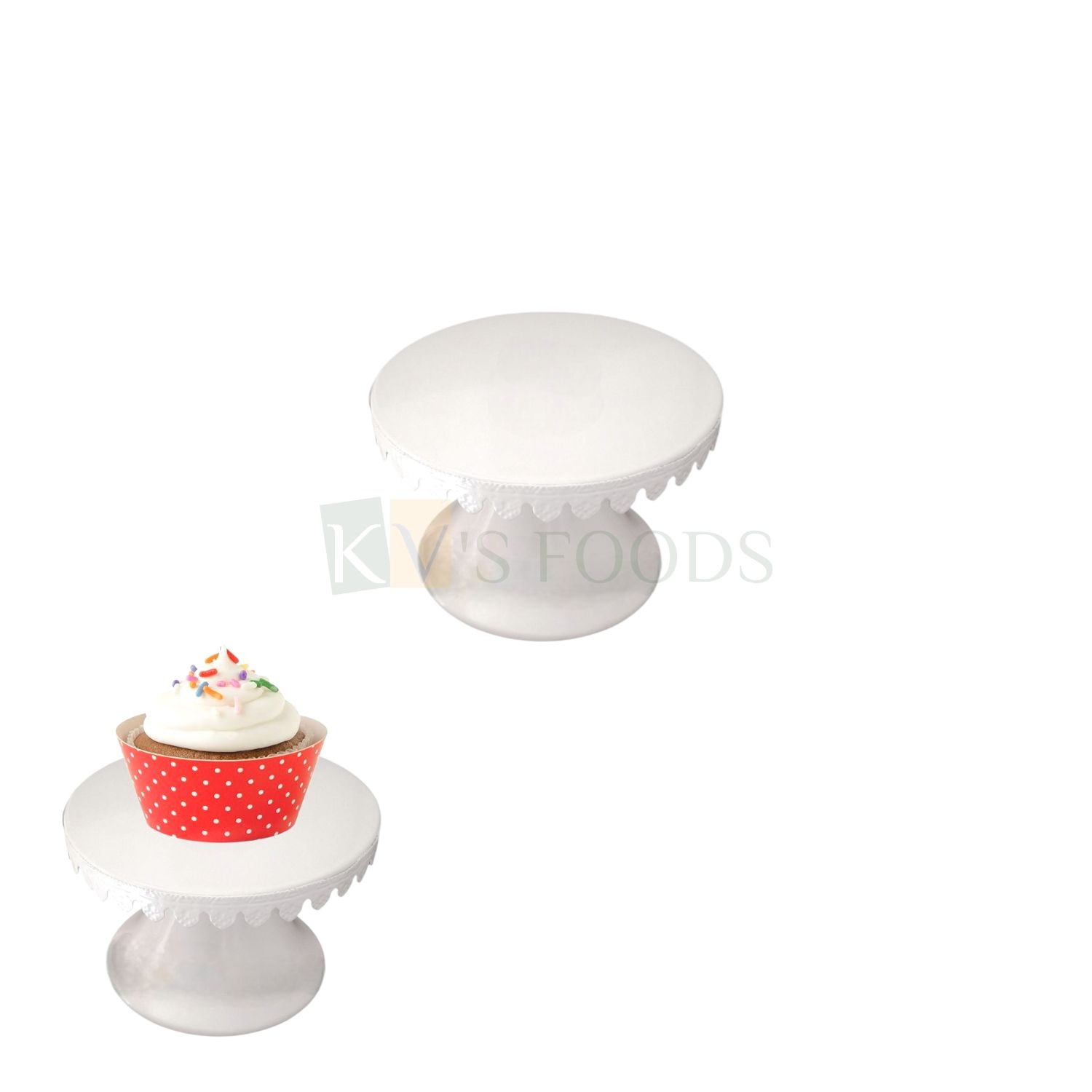1 PC White Round Metal Cake Stand, Size 4.9&quot; For Displaying Presenting Cakes, Cupcakes, Pastry Desserts, Candy Fruits Stands, Cookies, Birthday, Wedding, Anniversary Party Elegant Lace Border Stands