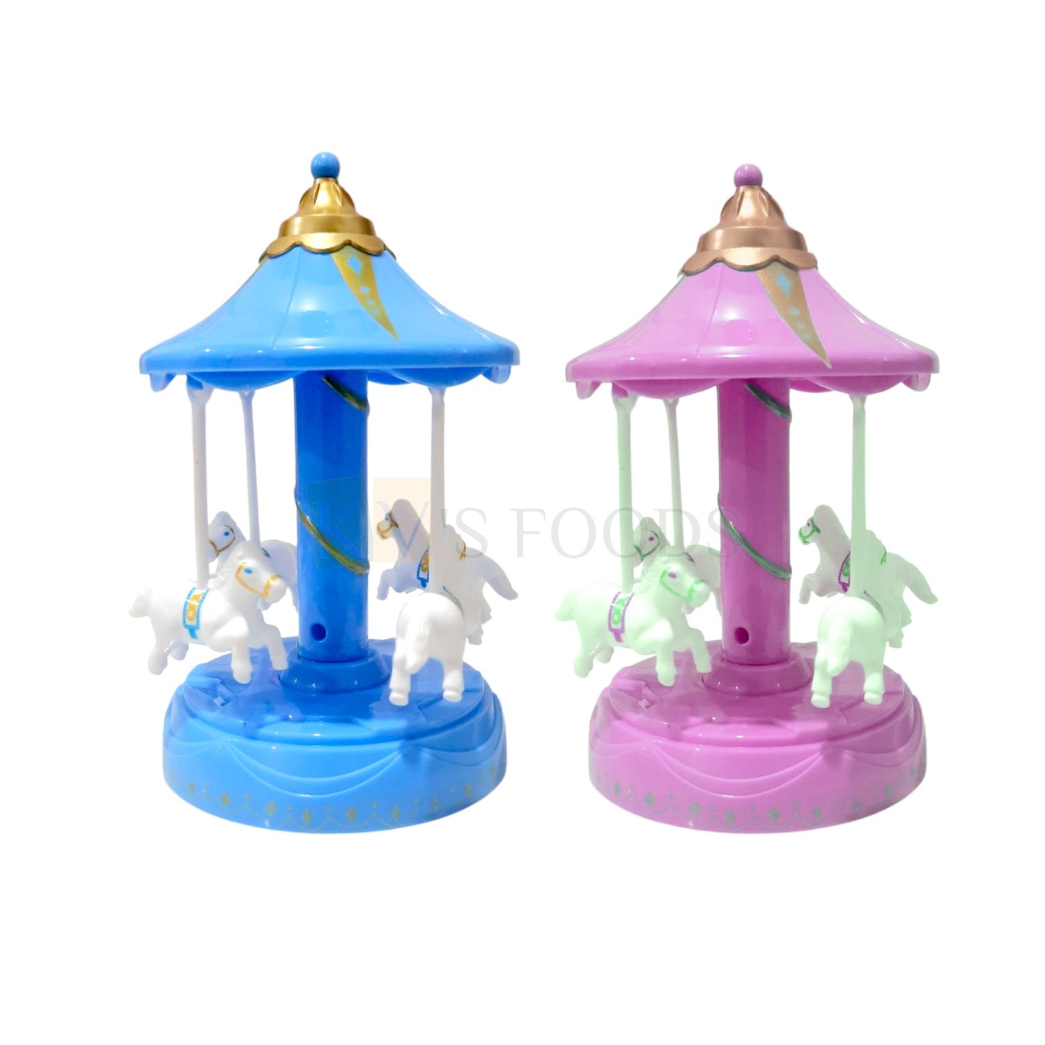 1PC Baby Pink/Baby Blue Manual Rotating Merry- go- Round Carousel, LED Light, Reusable Kids, Boys, Girls, Friends, Baby Shower, Birthday, Gift for Guests, Cake Toppers, Decorations, Accessories