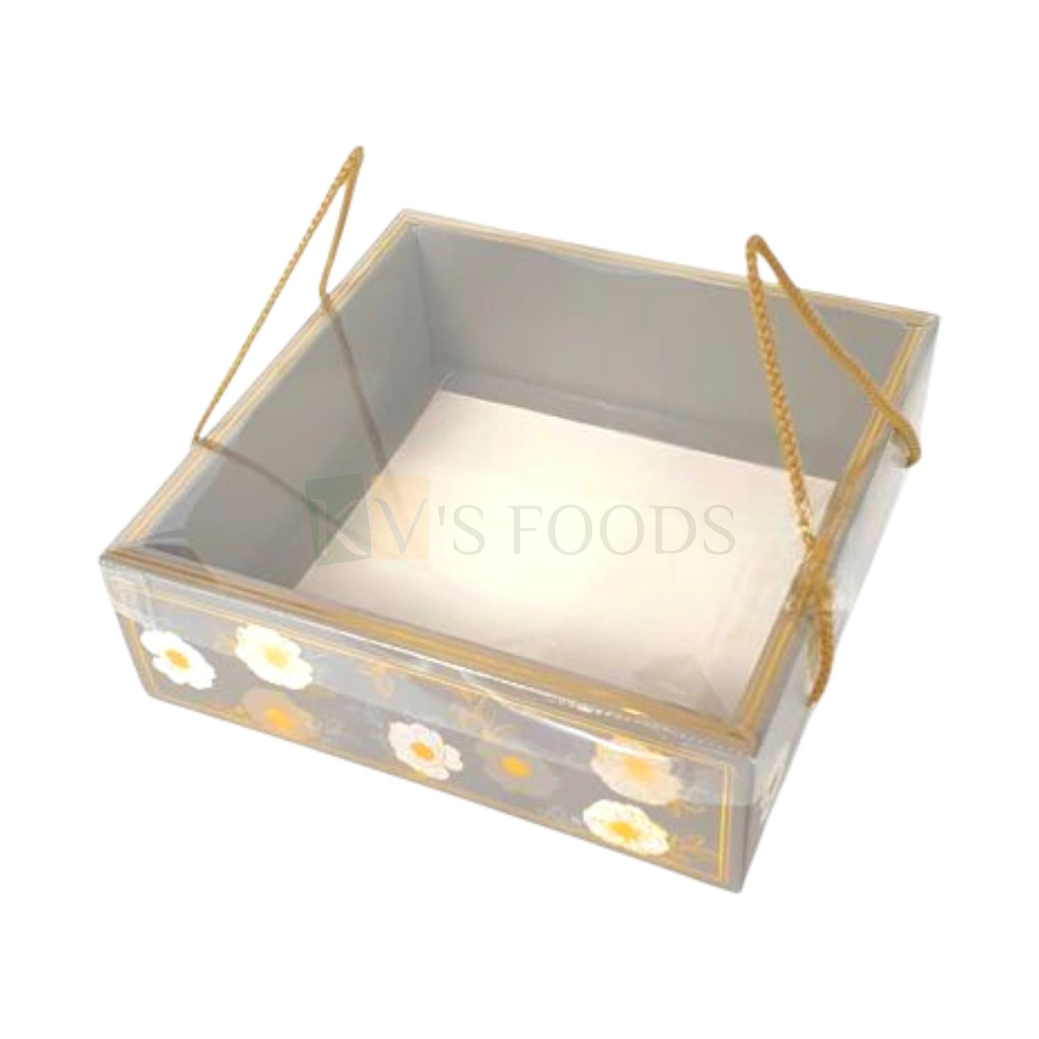 1 PC Square Grey White Printed Flowers Design Multipurpose Chocolate Hamper Box with Transparent Window, Box Size 11.1x11.1x3.8 Inch, Premium Gift Hamper Bags with Clear Lid and Golden Rope Handle