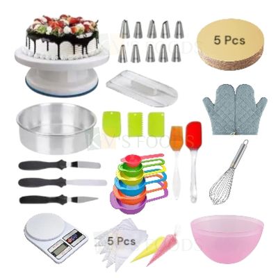 Multicolor, All in one Combo Set for Cake Making, Baking Tools, Cake Decorating Items, Accessories, Kitchen Tools, Cake Making Supplies, Turntable, Nozzles, Brush-Spatula Set, Measuring Jug, Bowl, Tin