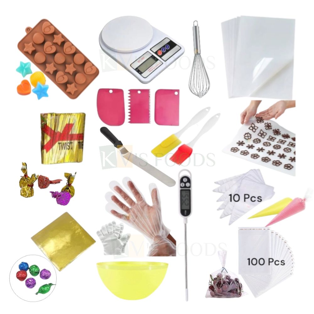 Multicolor, All in one Combo Set for Chocolate Making, Beginner Accessories, Kitchen Tools, Chocolate Making Supplies, Chocolate Making Kit, Whisker, Thermometer, Crafting, Homemade Chocolates Gifting