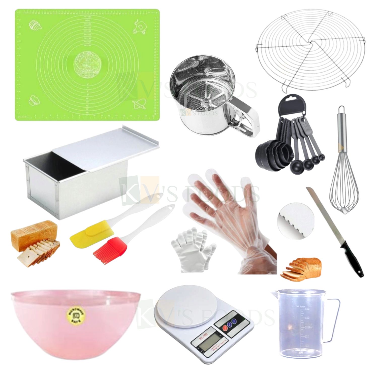 Multicolor, All in one Combo Set for Bread Making, Baking Tools, Beginner Accessories, Kitchen Tools, Bread Making Supplies, Loaf Making Kit, Silicon Mat, Sifter, Bowl, Measuring Cups, Knife, Spatula