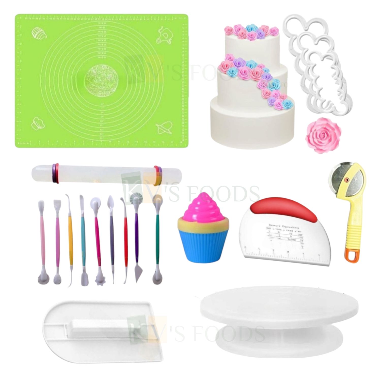 Multicolor, All in one Combo Set for Fondant Cake Making, Fondant Tools, Cake Decorating Items, Accessories, Kitchen Tools, Cake Making Supplies, Silicon Mat, Modeling Tools, Scraper, Rolling Pin