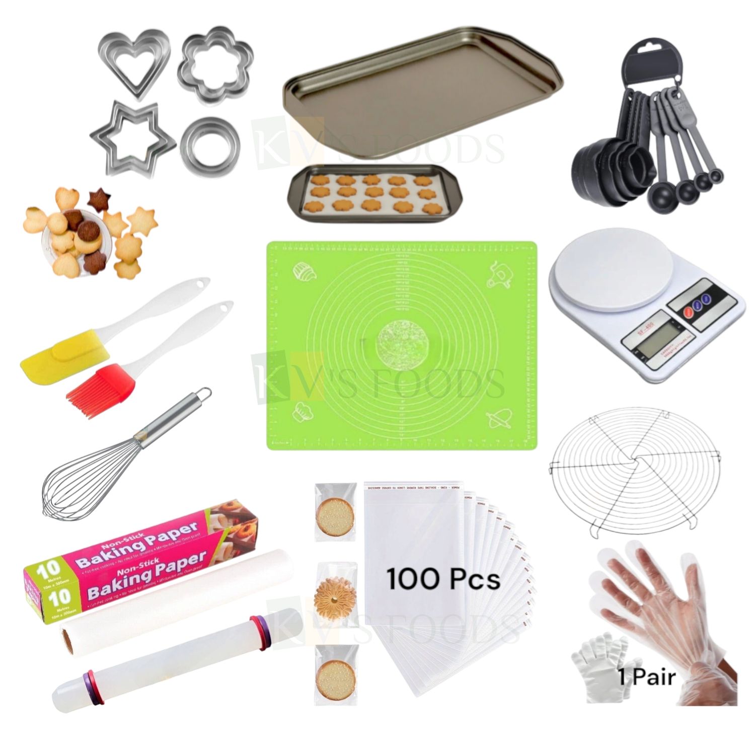 Multicolor, All in one Combo Set for Cookie Making, Beginner Accessories, Kitchen Baking Tools, Biscuits Making Supplies, Combo Kit, Silicon Mat, Gloves, Baking Tray, Rack, Gifting Christmas Festivals