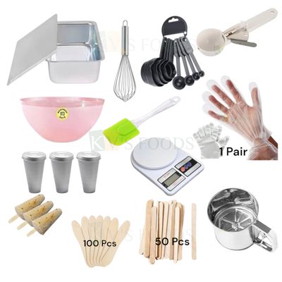 Multicolor, All in one Combo Set for Ice-cream, Kulfi Making, Beginner Accessories, Kitchen Tools,  Kulfi Making Supplies, Combo Kit, Kulfi Mould, Ice-cream Tray, Whisker, Measuring Cups, Sticks Spoon