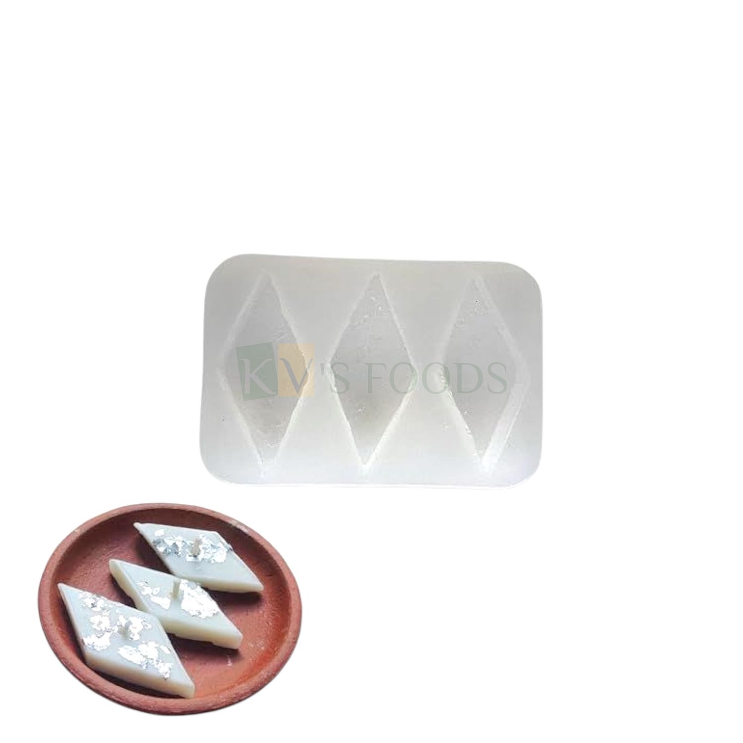 3 Cavity Kaju Katli Shaped White Silicon Candle Mould, Clay, Resin, Ceramic Art  Multipurpose, Flexible, Reusable and Easy to Use Mould, Diwali Festival Decoration, Soap Mold, Cake Decorating Tools