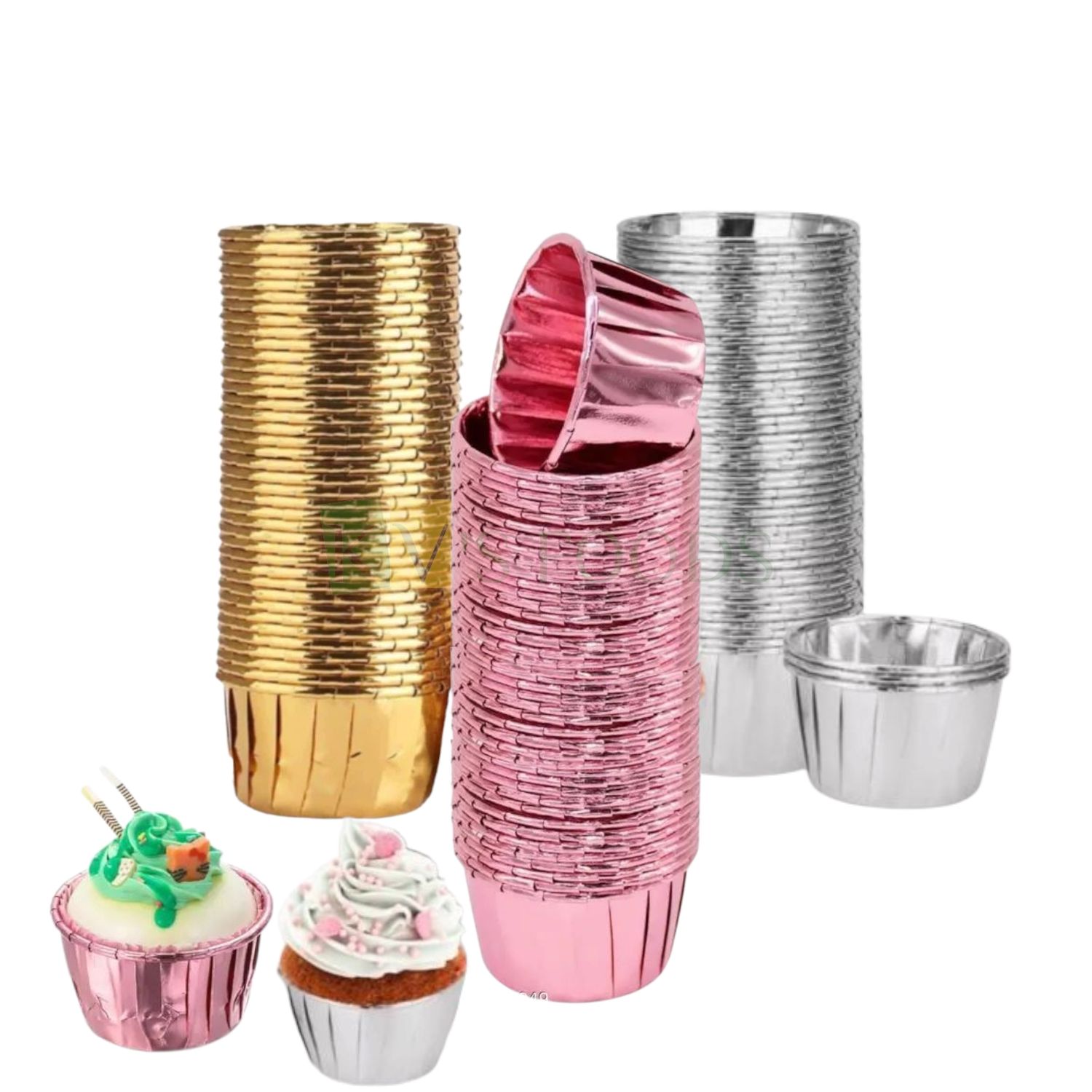 50 PCS Base Diameter 1.9 Inch Metallic Foil Cupcake Muffin Liner Cups Eco Friendly Circle Golden/Silver/Pink Small Non stick Mould, Bake and Serve Disposable Gift Bakeable Bakeware Brownie Cases