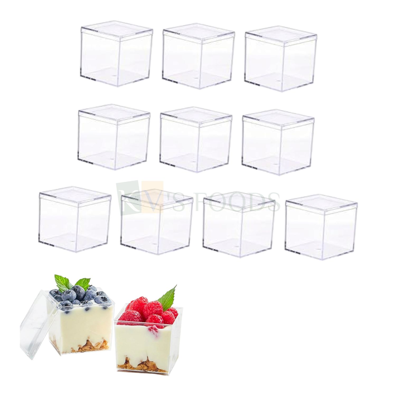 10 PCS Acrylic Square Cube Cake Tub Container Clear Storage Boxes With Lids (Size 2.9 x 2.9 Inch, Height 2.9&quot;) Capacity ~ 280 ML Minto Box For Candy Ice-Cream Cakes Chocolates, Mousse Desserts Pudding